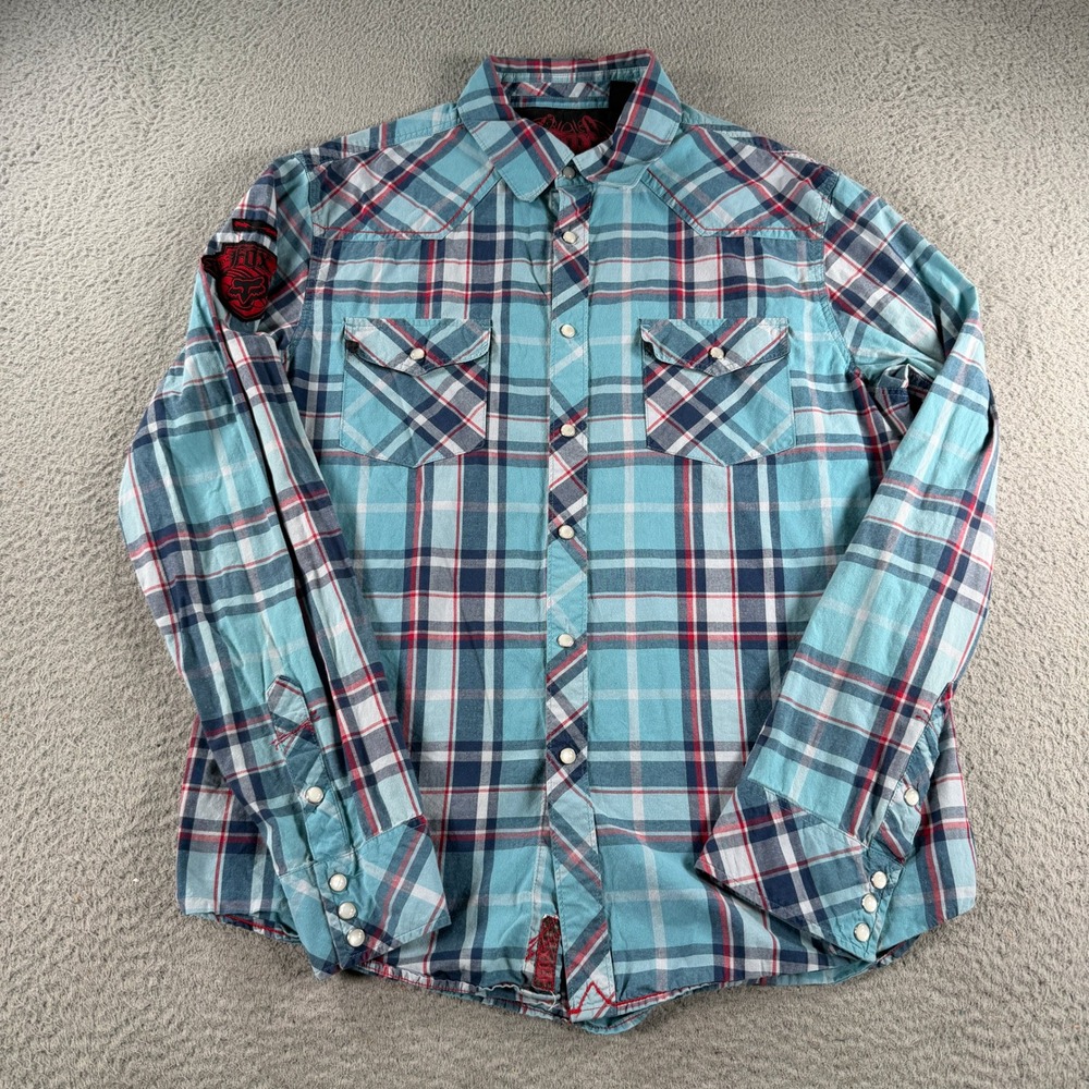 Fox Racing Pearl Snap Shirt Men Large Blue Plaid Western Long Sleeve Flap Pocket